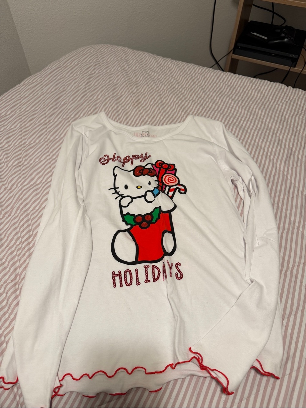 Hello Kitty White Long Sleeve Holiday Tee with Red Accents